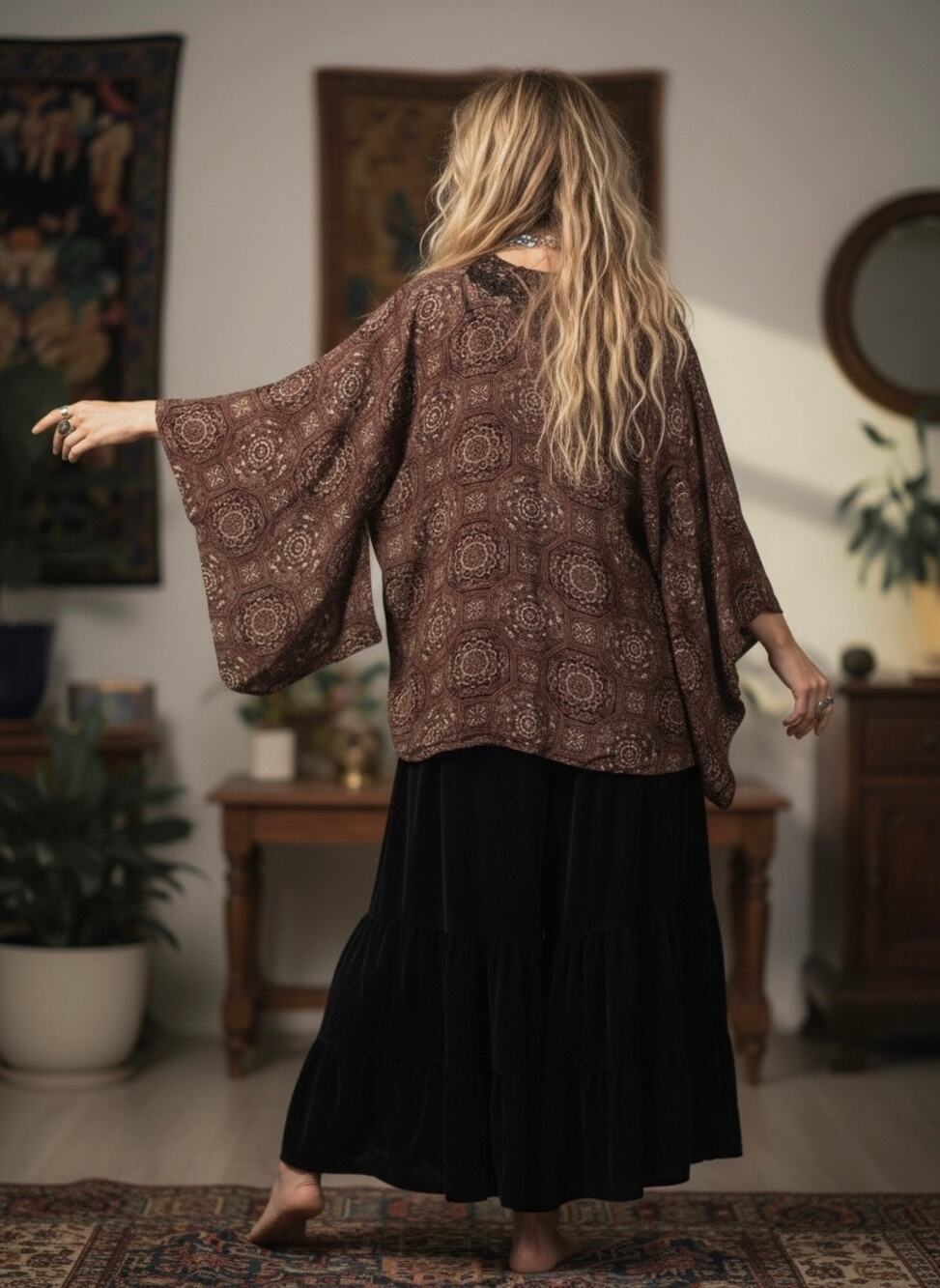 Brown Geometric Silk Kimono Jacket with Front Tie